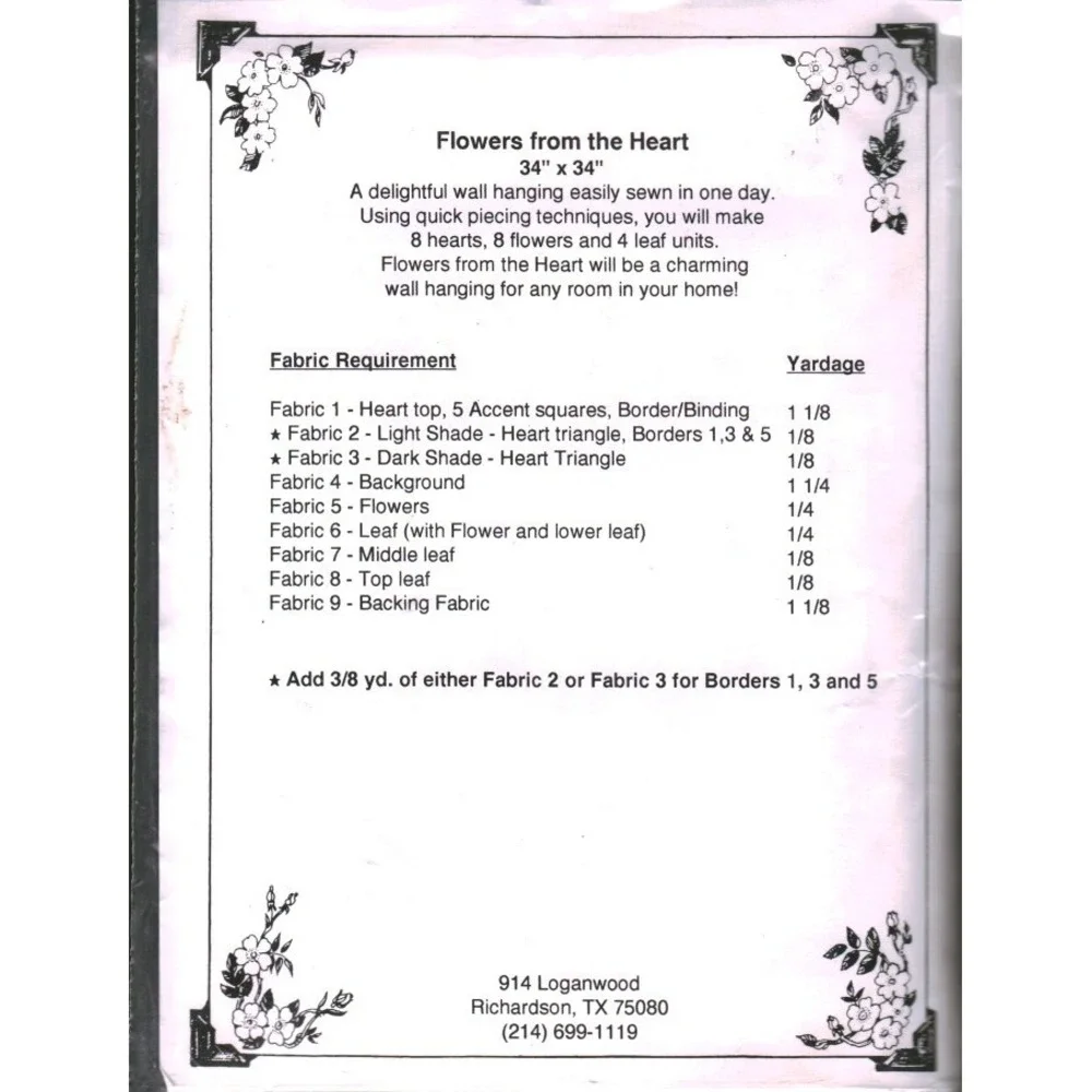 Four Corners Flowers‎ from the Heart Quilt Pattern 6101 Wall Hanging 34x34 Heart